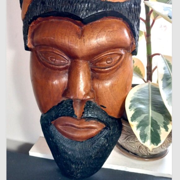 Tiki Head Large Vintage Bearded Polynesian or African Carving Teak Wood 27 inch - Picture 6 of 9